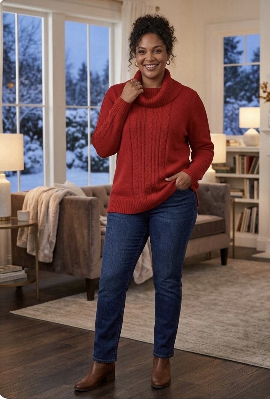 Vintage Classic Elements Red Cowl Neck Tunic Pull Over Sweater Cable Knit Winter